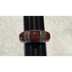 Designer Womens Carnelian Marcasite Sterling Silver Art Deco Style Ring Sz 6.75